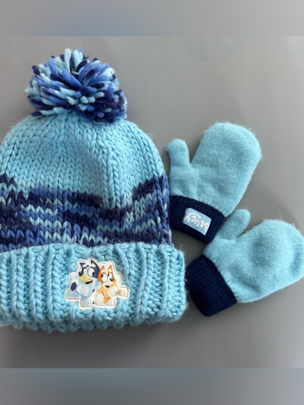 💜3/$15 Bluey & Bingo Toddler Chunky Knit Beanie Hat and Mittens Set Size 2T-5T